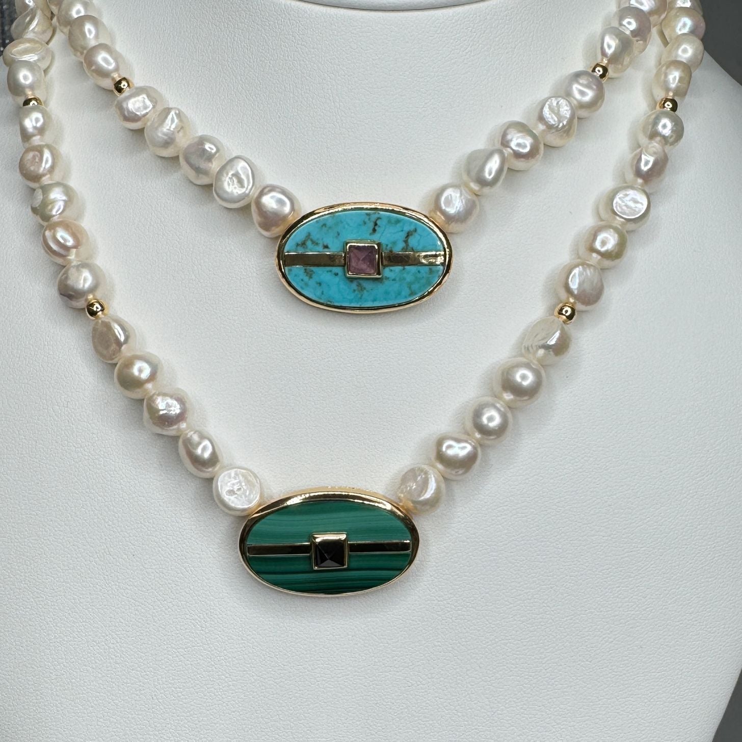 Golden fresh pearls turquoise and amethyst necklace