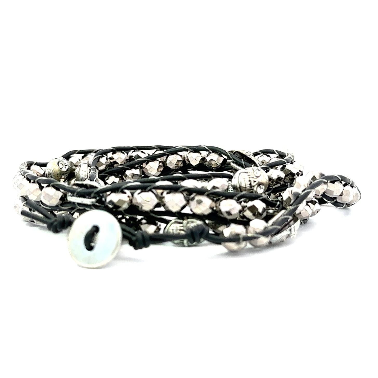 Silver crystals beads with leather wrap bracelet