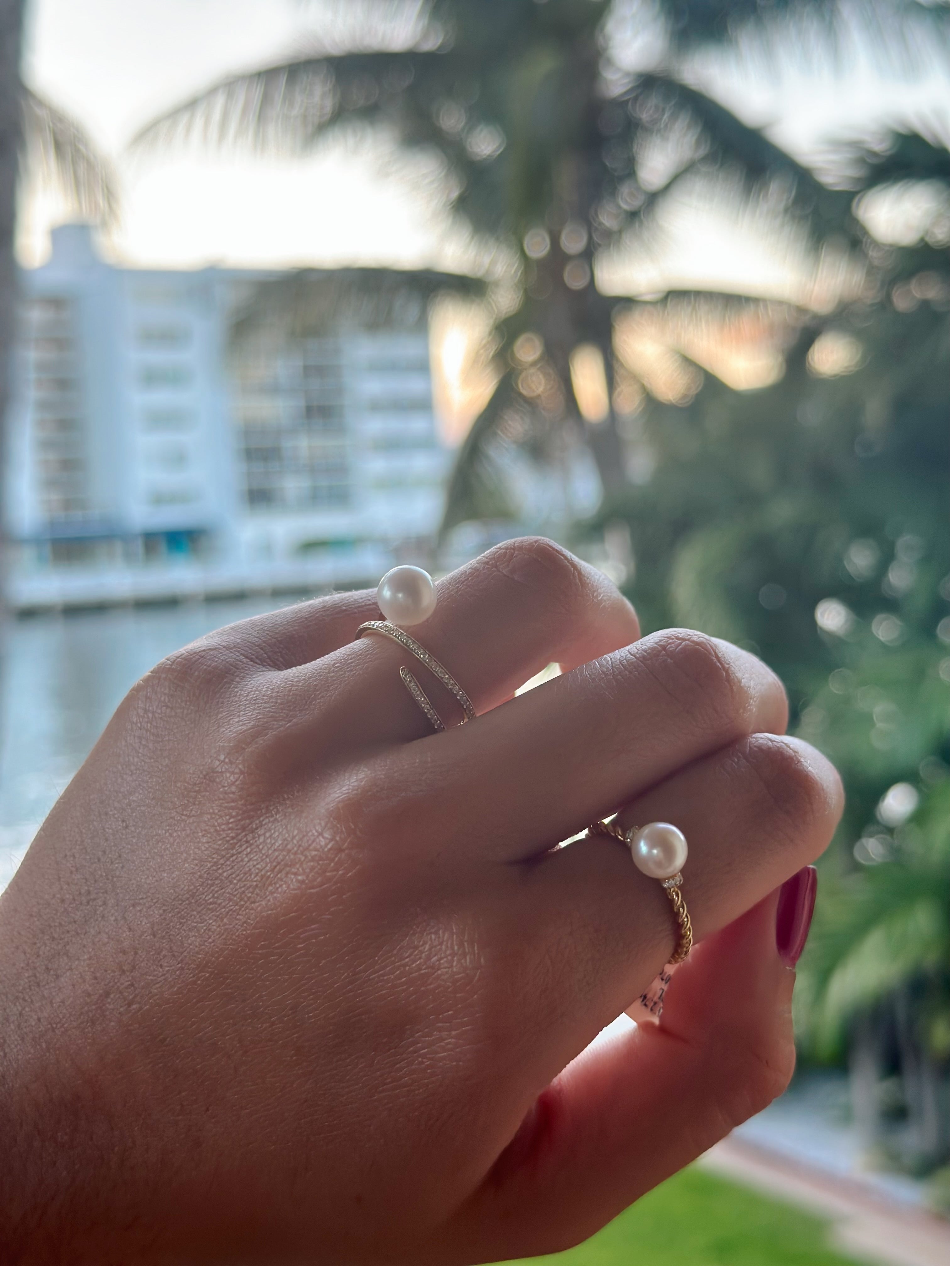 Yellow gold diamond pearl ring