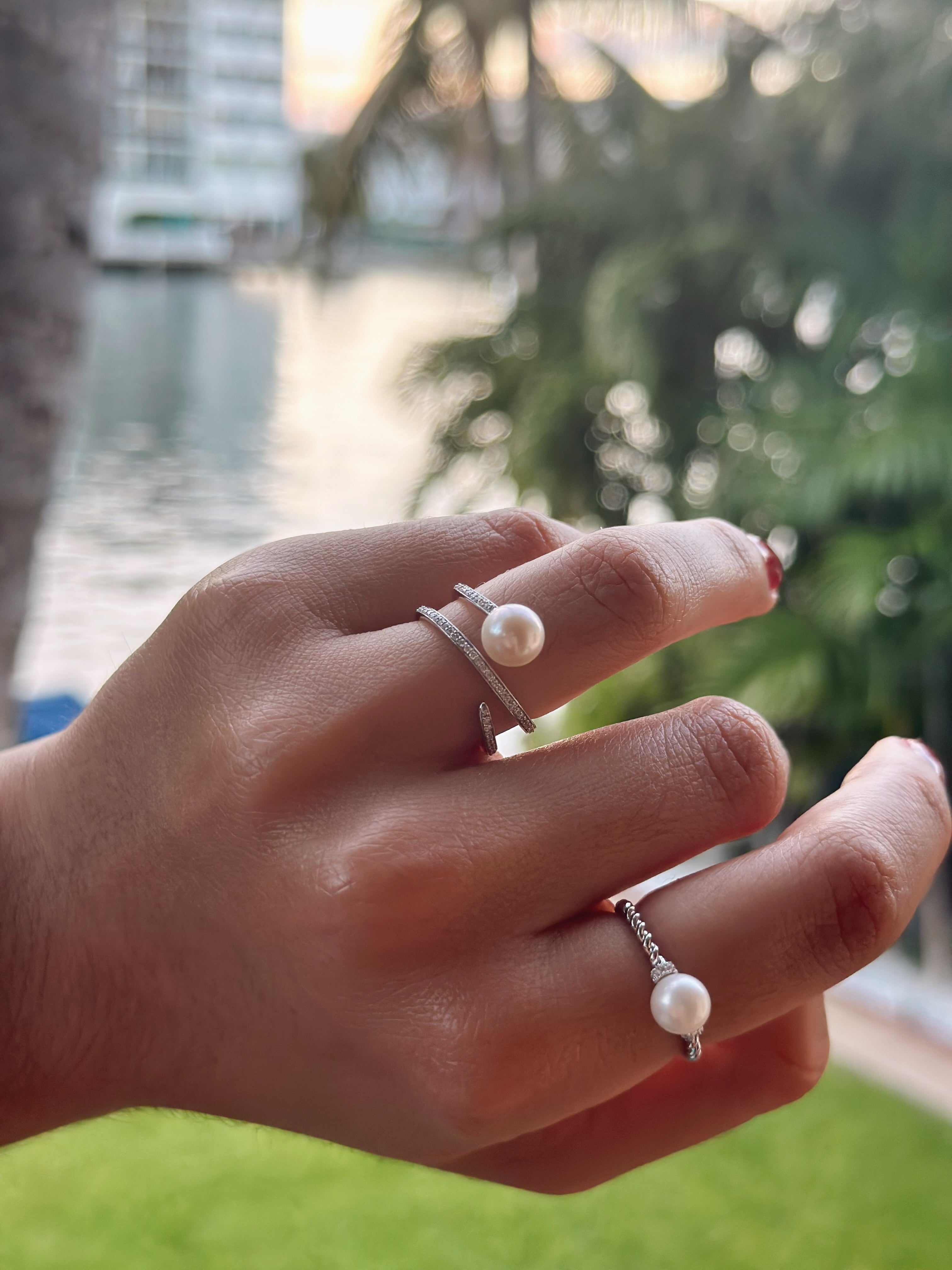 White gold diamond pearl wrap ring